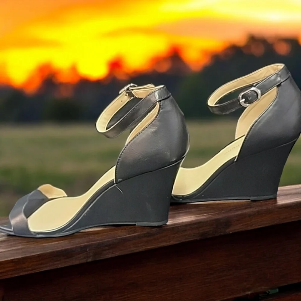 CL by Launday size 8 black ankle straps wedges.
